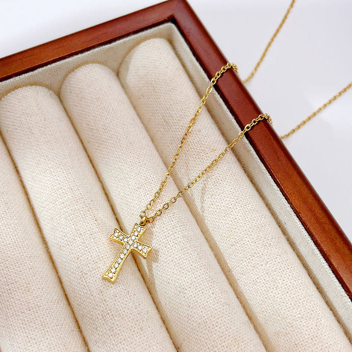 Elegant Streetwear Cross Stainless Steel Plating Inlay Zircon Pendant Necklace