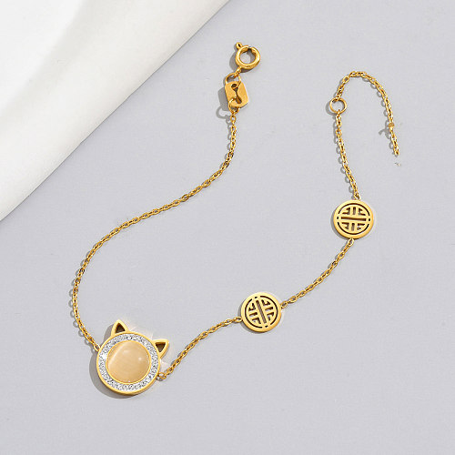 Elegant French Style Cat Stainless Steel Plating Inlay Opal 14K Gold Plated Bracelets