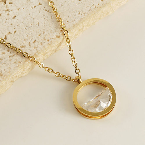 1 Piece Simple Style Circle Stainless Steel  Stainless Steel Plating Hollow Out Inlay Zircon Pendant Necklace