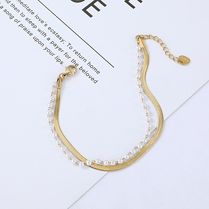 jewelry Stainless Steel Snake Bone Pearl Chain Double-layer Bracelet Wholesale Jewelry
