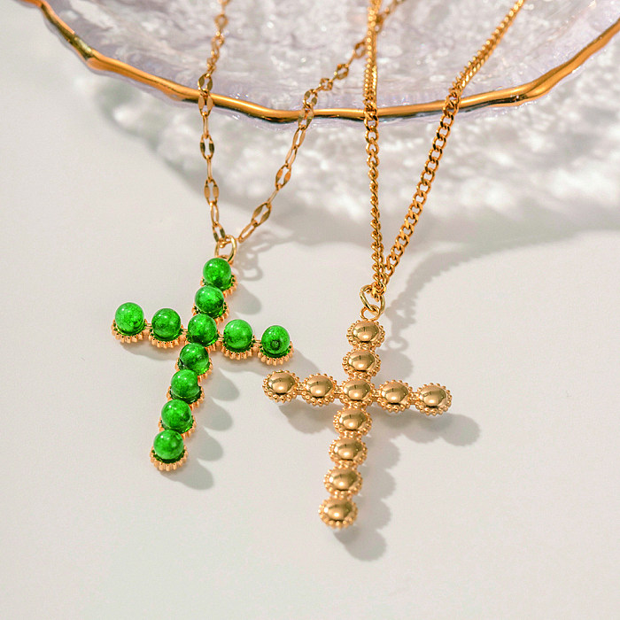 Modern Style Cross Stainless Steel  Plating Inlay Pearl Stone 18K Gold Plated Pendant Necklace