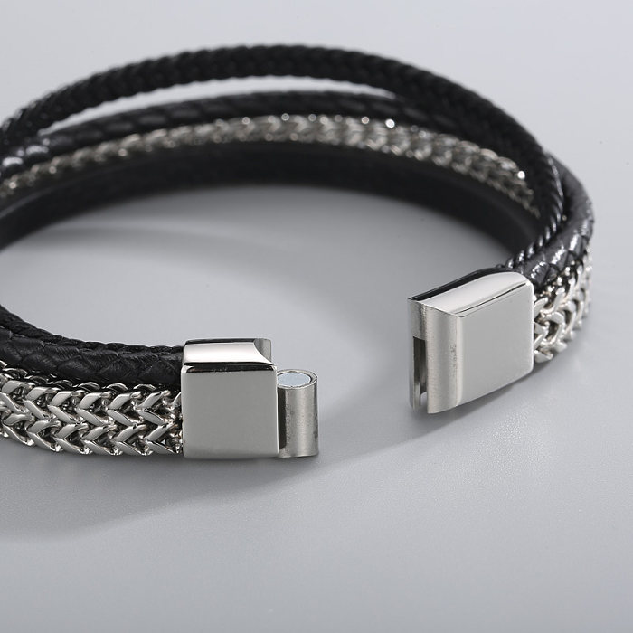 Hip-Hop Geometric Stainless Steel Leather Braid Bangle 1 Piece