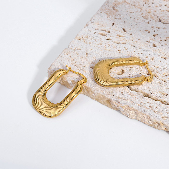 1 Pair British Style U Shape Stripe Plating Stainless Steel  18K Gold Plated Earrings