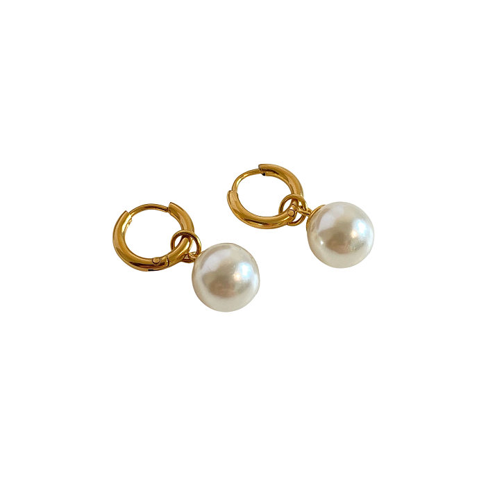 1 Paar elegante, süße, runde, plattierte Ohrhänger aus Edelstahl mit Perle und 18-Karat-Vergoldung