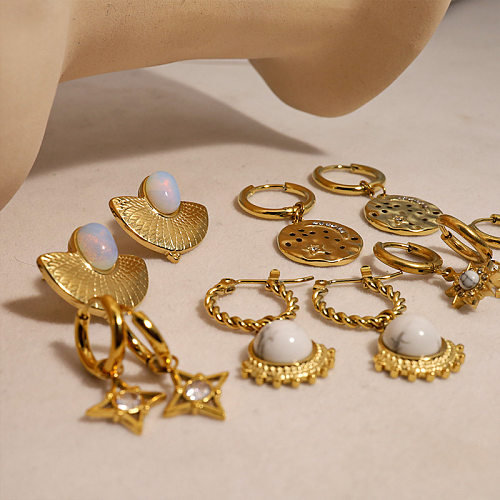 Boucles d'oreilles pendantes en opale avec incrustation de placage en acier inoxydable, Style Simple, 1 paire
