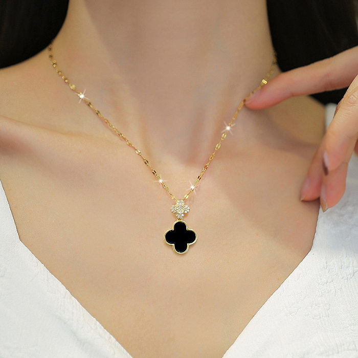 Sweet Four Leaf Clover Stainless Steel Copper Inlay Shell Zircon Pendant Necklace