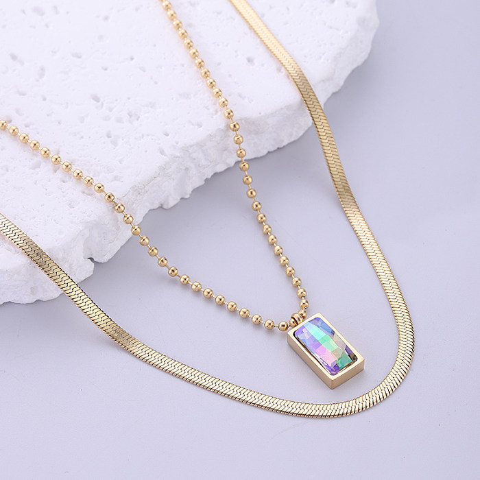 Vintage Style Rectangle Stainless Steel  Plating Inlay Crystal 18K Gold Plated Pendant Necklace