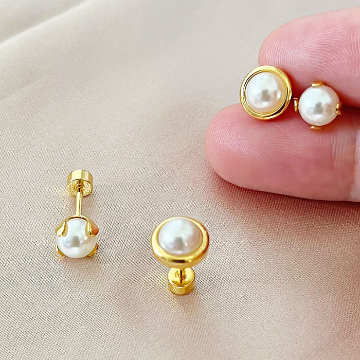 Simple Style Round Stainless Steel  Plating Inlay Pearl Ear Studs 1 Pair