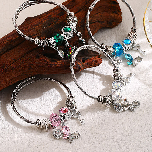 Elegant Cute Round Butterfly Key Stainless Steel Alloy Beaded Inlay Rhinestones Bangle