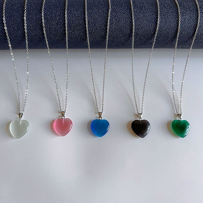 Simple Style Heart Shape Opal Stainless Steel Chain Pendant Necklace