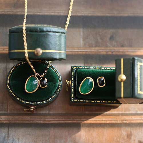 Collier et boucles d'oreilles rétro en Agate verte, pendentif irrégulier en acier inoxydable