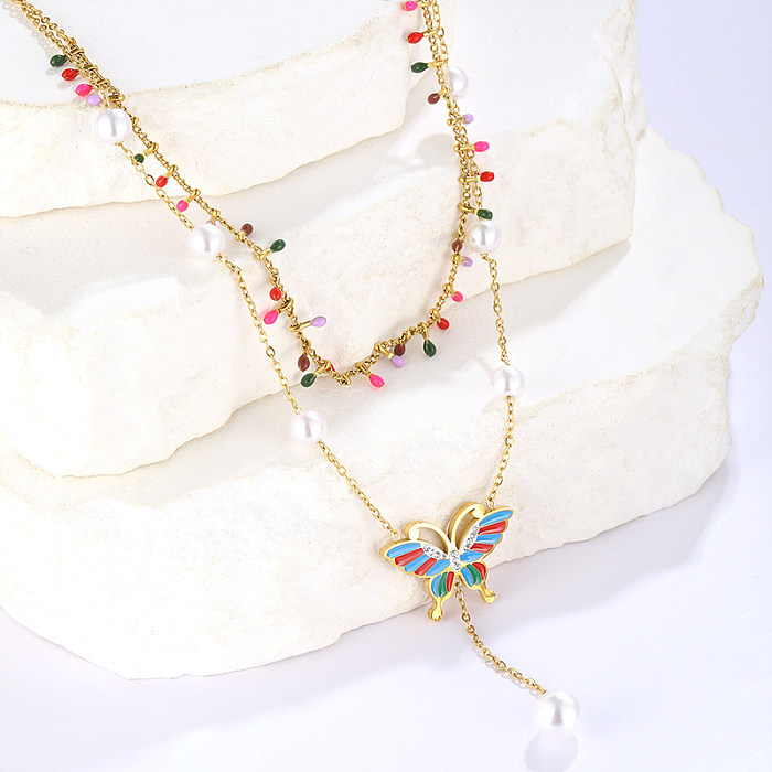 Elegante doppellagige Halsketten mit einfarbiger Edelstahlbeschichtung und künstlichen Perlen, 18 Karat vergoldet