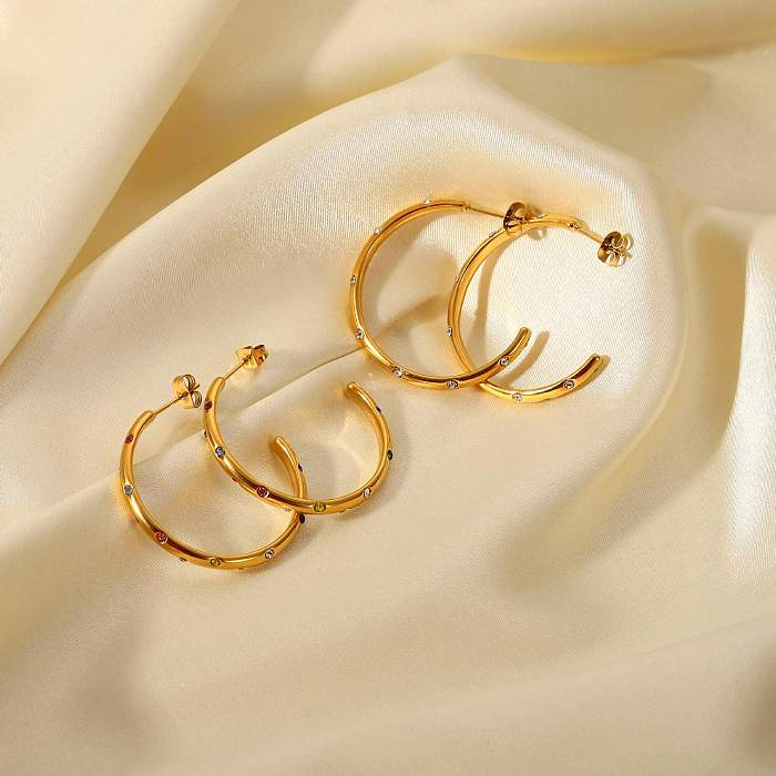 Fashion Retro 18K Gold Stainless Steel  Large C-shaped Colored Zircon Earrings