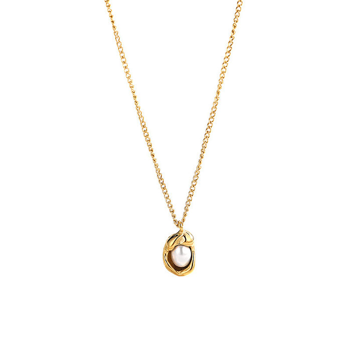Collier pendentif en perles artificielles avec incrustation de placage en acier inoxydable géométrique de style classique
