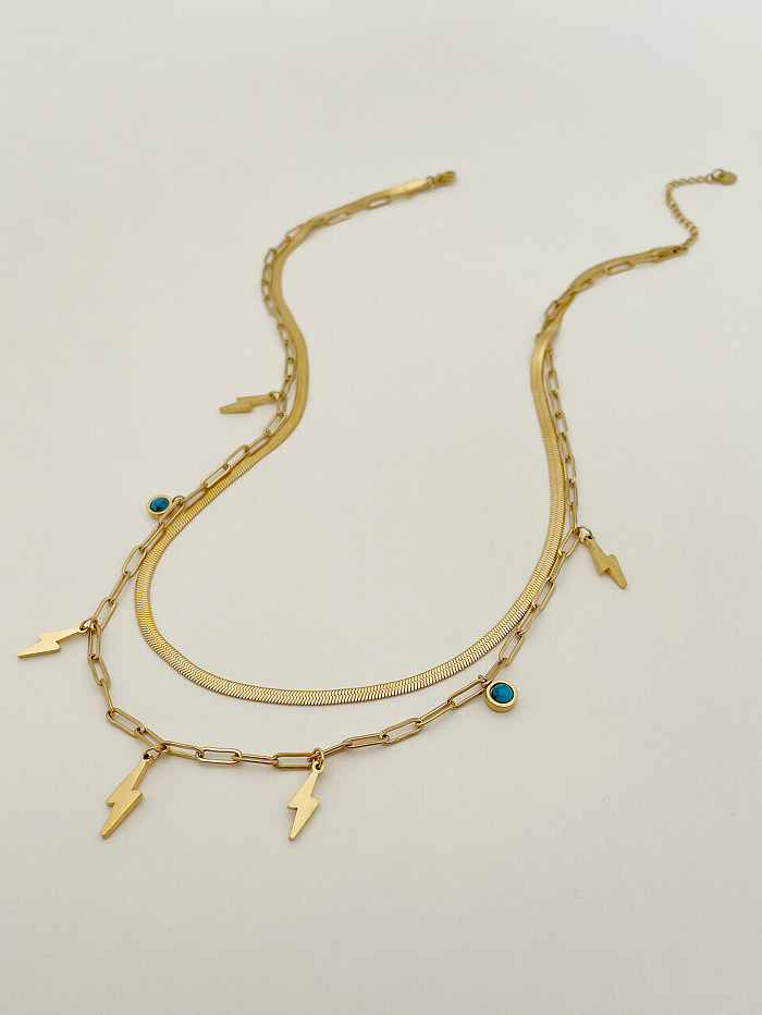 Artistic Lightning Stainless Steel  Polishing Plating Inlay Turquoise Gold Plated Layered Necklaces