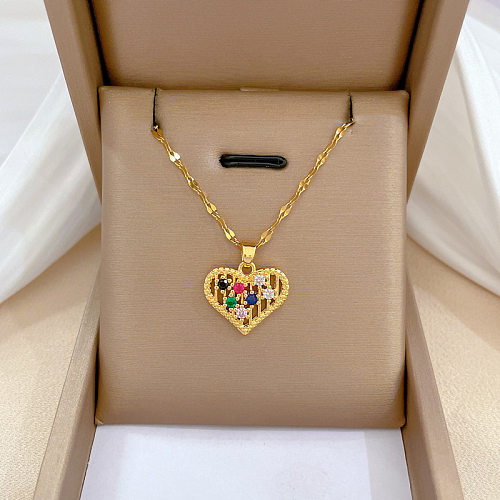 Simple Style Heart Shape Stainless Steel Copper Plating Hollow Out Inlay Zircon Pendant Necklace