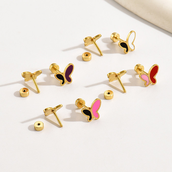 4 paires de clous d'oreilles en acier inoxydable plaqué or 18 carats avec papillon en émail de style simple