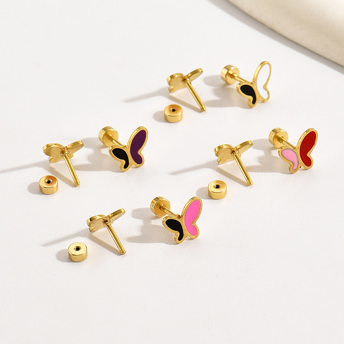 4 Pairs Simple Style Commute Butterfly Enamel Plating Stainless Steel  18K Gold Plated Ear Studs