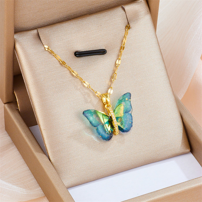 Sweet Butterfly Stainless Steel Artificial Gemstones Pendant Necklace In Bulk