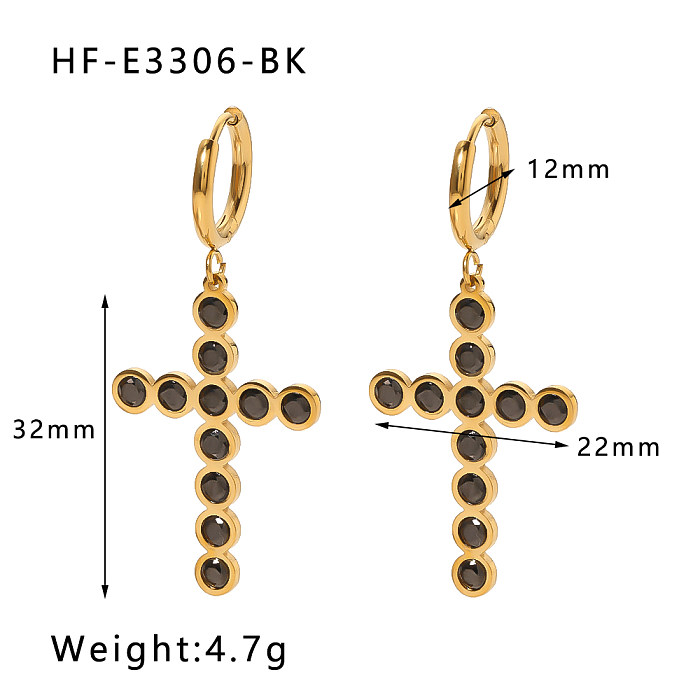 1 Pair IG Style Cross Plating Inlay Stainless Steel  Rhinestones 18K Gold Plated Earrings