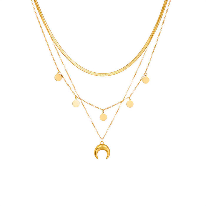 Elegante, moderne, mehrschichtige Halsketten mit rundem Mond und Edelstahlbeschichtung