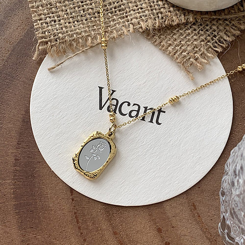Retro Sweet Rose Rectangle Stainless Steel Plating Pendant Necklace