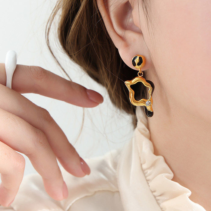 1 Paar luxuriöse Retro-Ohrringe mit geometrischer Emaille-Beschichtung, Edelstahl-Strasssteinen, 18 Karat vergoldet