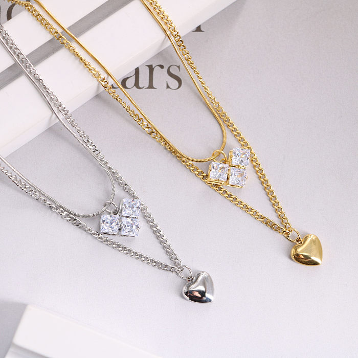 Lady Simple Style Square Heart Shape Stainless Steel Plating Inlay Rhinestones 18K Gold Plated Layered Necklaces