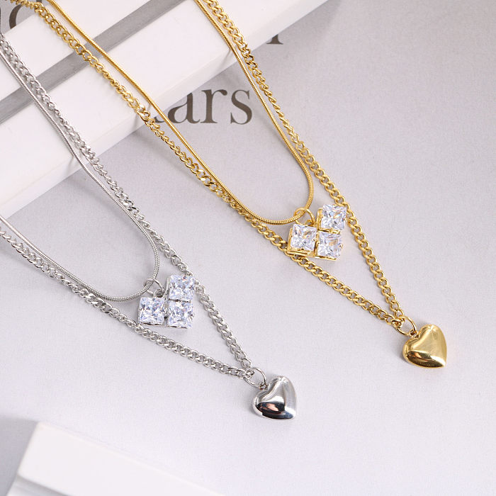 Damen-Halsketten im schlichten Stil, quadratisch, herzförmig, Edelstahl-Beschichtung, Intarsien, Strasssteine, 18 Karat vergoldet, mehrschichtige Halsketten