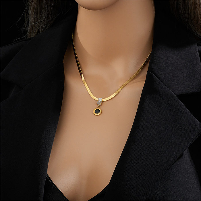 Retro Round Stainless Steel Plating Inlay Artificial Rhinestones 18K Gold Plated Pendant Necklace