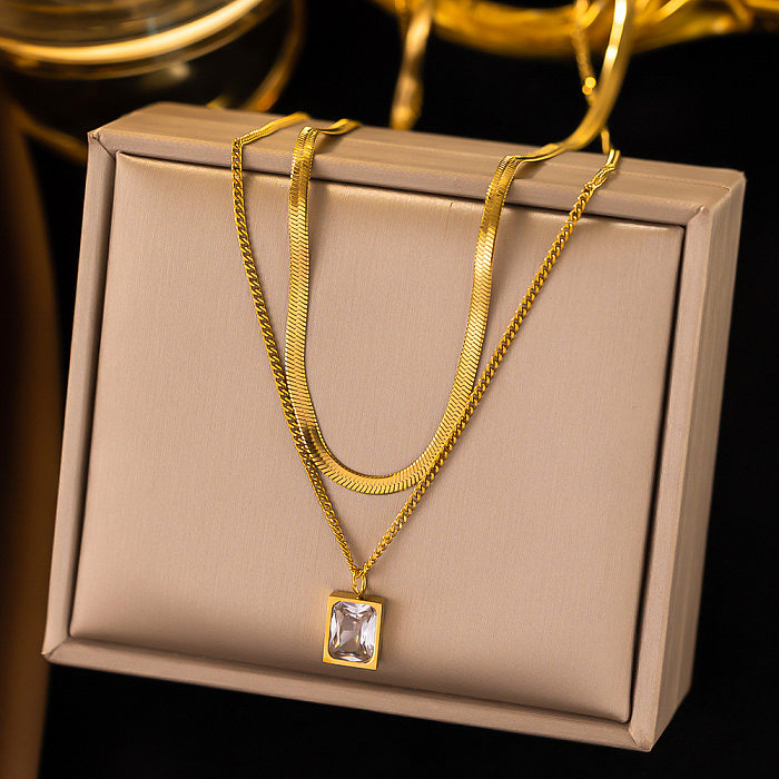 Simple Style Commute Rectangle Stainless Steel Plating Inlay Zircon Layered Necklaces