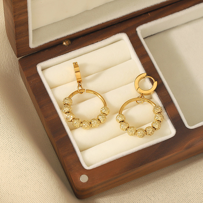 1 paire de boucles d'oreilles pendantes en acier inoxydable plaqué or 18 carats, Style classique, cercle rond, rayures en spirale