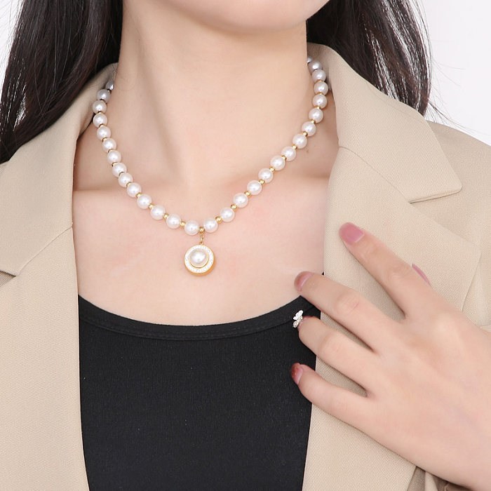 Collar con colgante de diamante Artificial con incrustaciones de perlas de imitación de acero inoxidable redondo Retro de 1 pieza