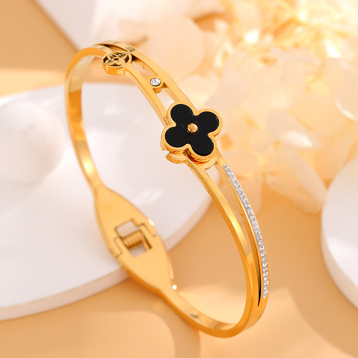 Casual Simple Style Four Leaf Clover Titanium Steel Plating Inlay Rhinestones 18K Gold Plated Bangle