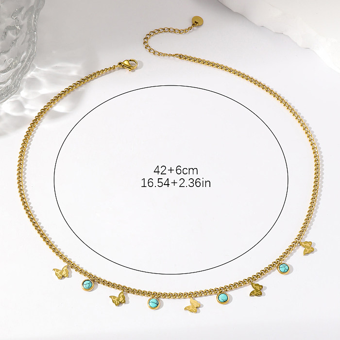 Böhmische Schmetterlings-Anhänger-Halskette mit Edelstahl-Beschichtung, Türkis, 18 Karat vergoldet