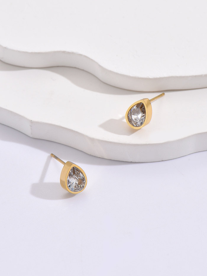 Simple Style Water Droplets Mixed Materials Ear Studs Plating Inlay Artificial Diamond Stainless Steel  Earrings