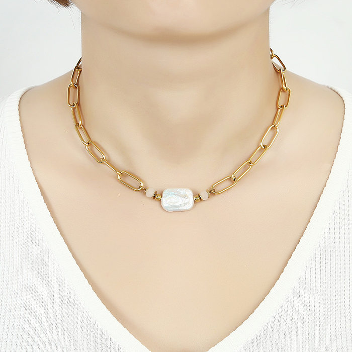 Collar geométrico de acero inoxidable con revestimiento de perlas de agua dulce de Streetwear