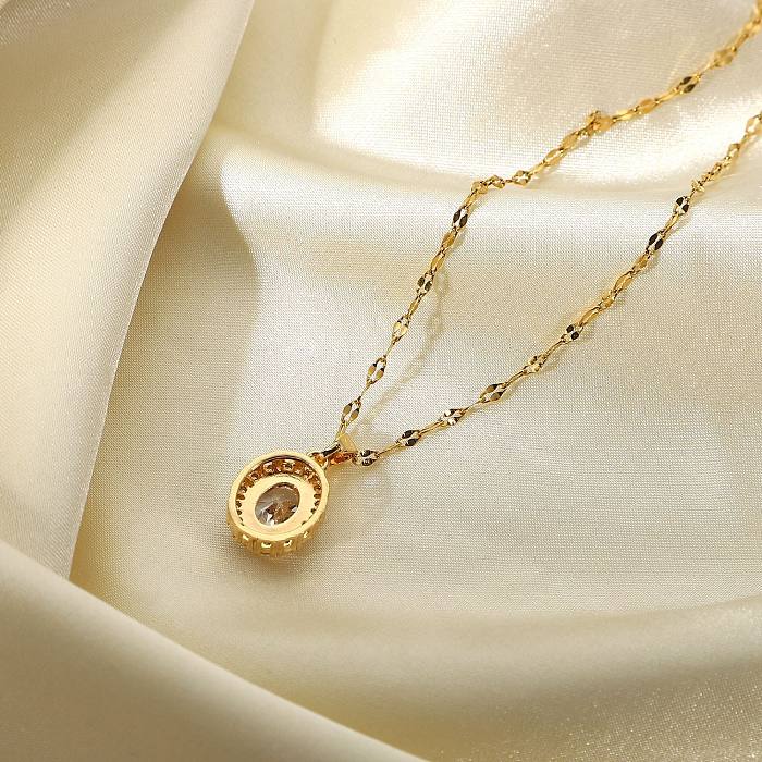 Novo 18k banhado a ouro jóias de aço inoxidável oval branco zircônia cúbica pingente colar