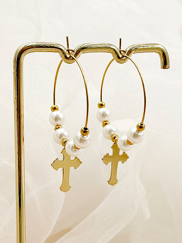 1 Pair IG Style Cross Plating Inlay Stainless Steel  Artificial Pearls Gold Plated Earrings