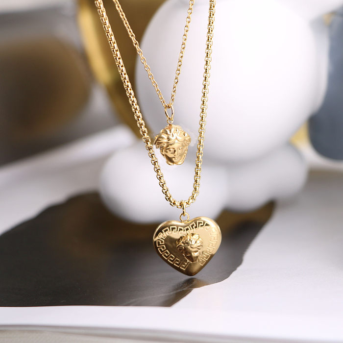 Retro Heart Shape Stainless Steel Plating 18K Gold Plated Layered Necklaces