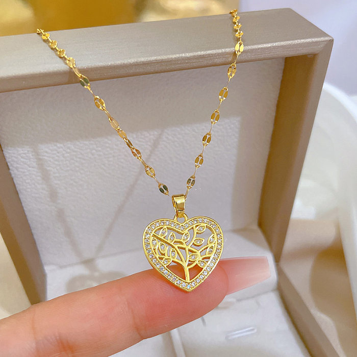Sweet Heart Shape Stainless Steel  Copper Inlay Zircon Pendant Necklace