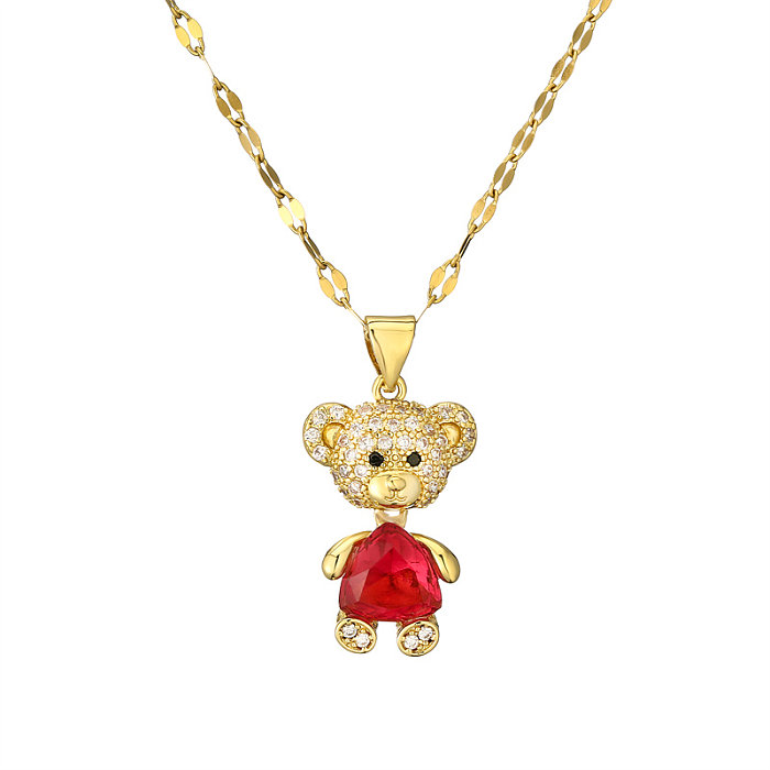 Cartoon Style Cute Little Bear Stainless Steel  Copper Plating Inlay Pearl Zircon Gold Plated Pendant Necklace