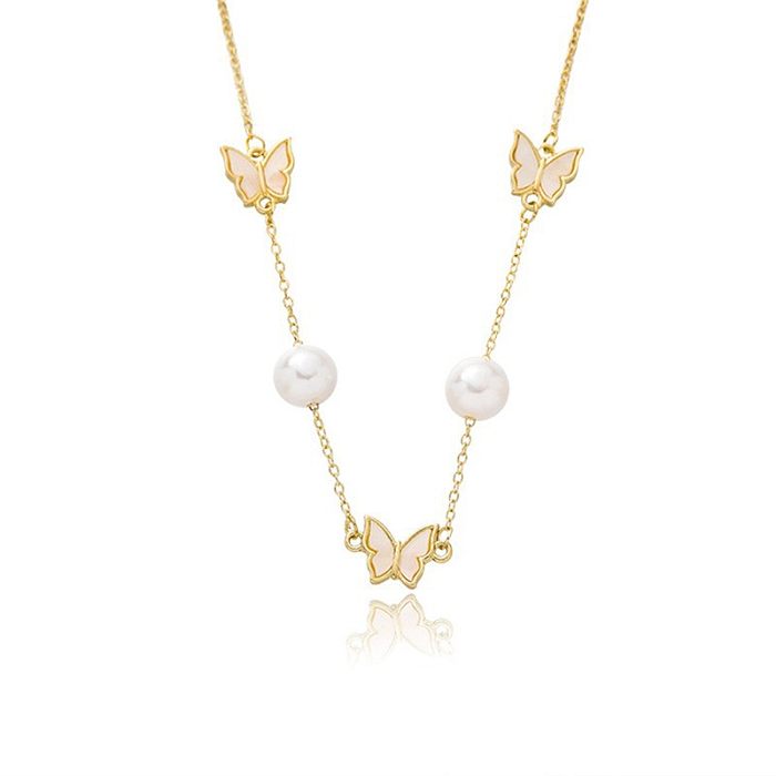 Collier de perles artificielles en cuivre et Zircon, Style Simple, pompon fleur papillon, acier inoxydable, perles artificielles