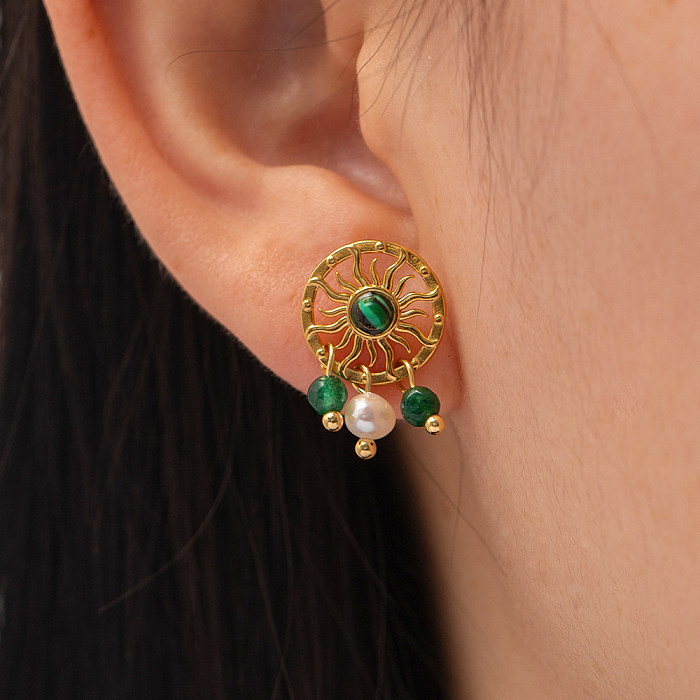 Boucles d'oreilles rétro soleil en acier inoxydable, 1 paire, incrustation de perles, pierre naturelle, Malachite