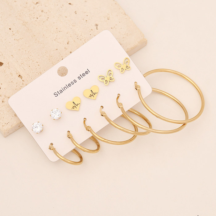6 Pairs Simple Style Commute Star Heart Shape Butterfly Inlay Stainless Steel  Zircon Earrings