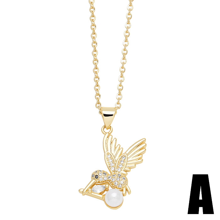 Elegant Modern Style Moon Heart Shape Bird Stainless Steel  Copper Plating Inlay Zircon 18K Gold Plated Pendant Necklace