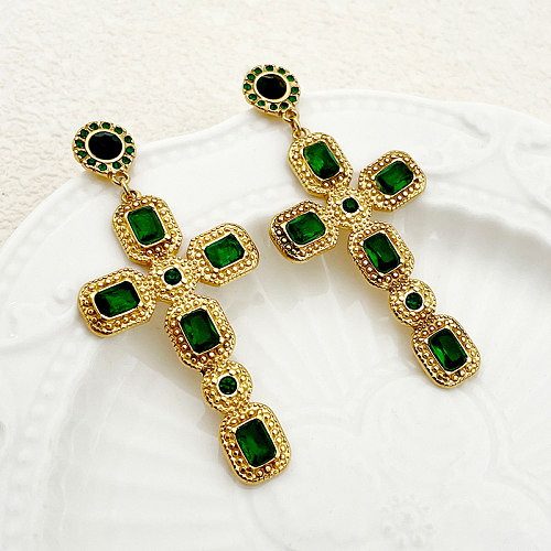 1 Pair Vintage Style Cross Plating Inlay Stainless Steel  Zircon Gold Plated Drop Earrings