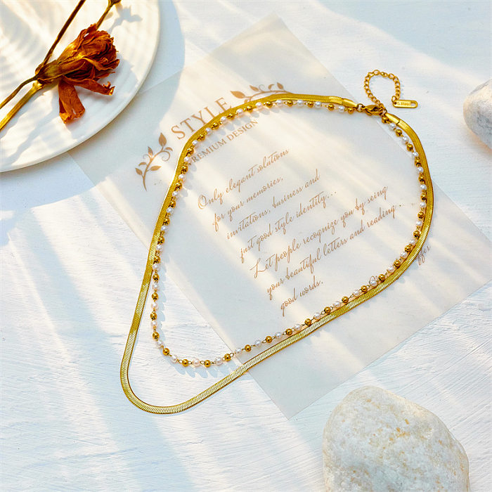 Casual Simple Style Solid Color Stainless Steel Beaded Pearl Plating 18K Gold Plated Layered Necklaces
