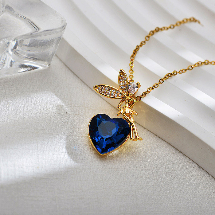 Fairy Style Cartoon Character Heart Shape Stainless Steel Copper Inlay Zircon Pendant Necklace