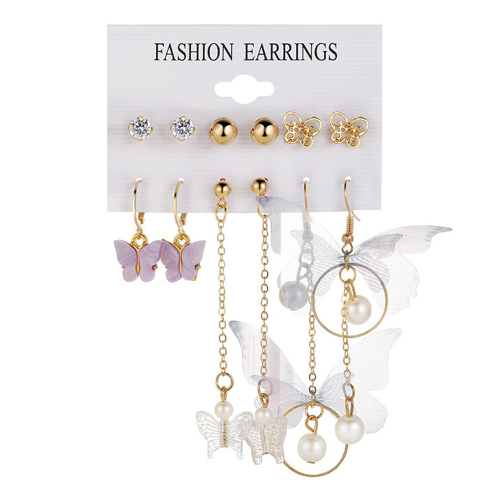 1 Set Casual Sweet Butterfly Plating Hollow Out Inlay Stainless Steel  Rhinestones Pearl Drop Earrings Ear Studs